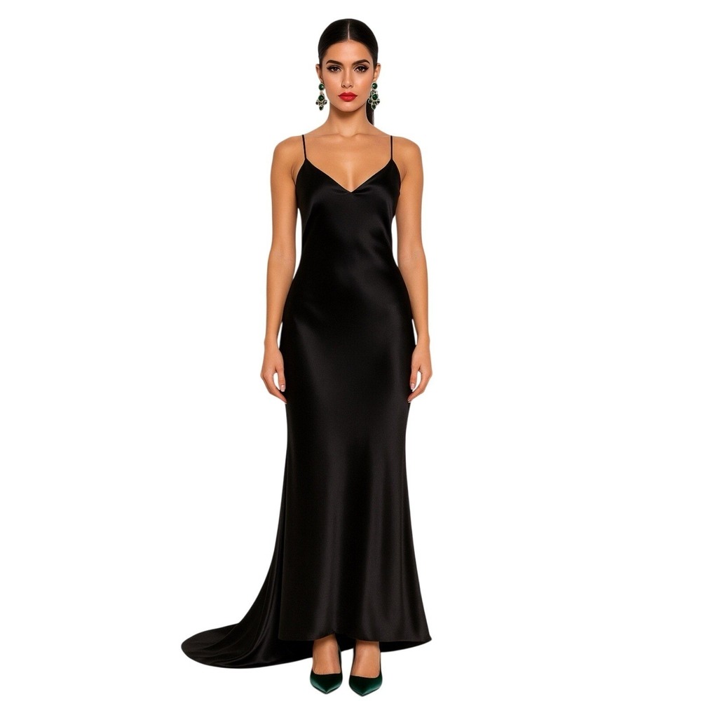Lotus Threads Black Satin Slip Long Dress Maxi Gown 62266 Womens Size 10 NWT